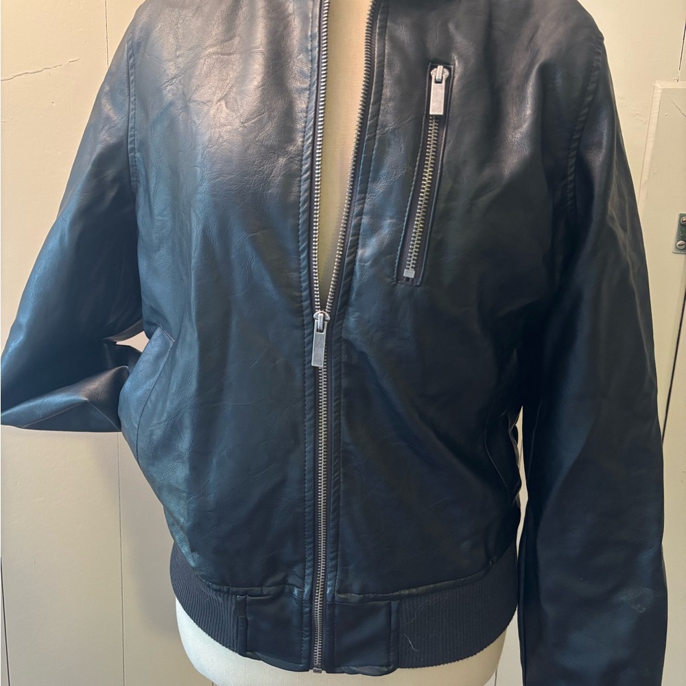 Black Faux Leather Bomber Jacket